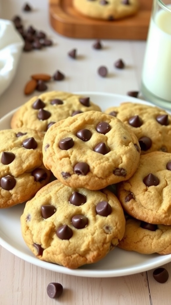 A plate of keto peanut butter chocolate chip cookies with chocolate chips on a rustic kitchen table.